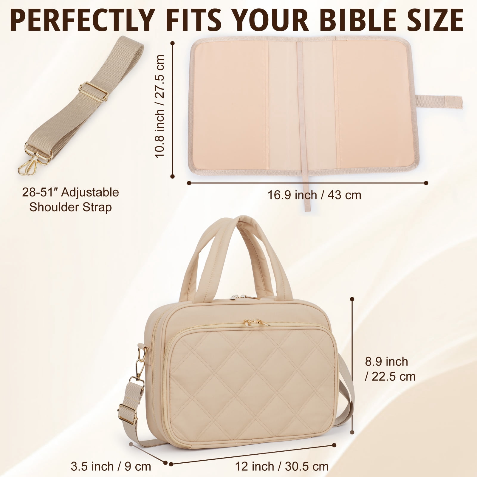 Bible Cover for Women, 2 Layers, Large Bible Carrying Case with Handles Shoulder Strap, Soft Puffy Quilted Bible Bag with Book Cover Organizer, Bible Tote for Church Study Supplies Accessories
