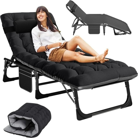 MOPHOTO Portable Outdoor Patio Folding Lounge Chair, Heavy Duty Sleeping Bed, Adjustable 5-Position Folding Camping Cot with Mattress & Headrest, Indoor Folding Home Guest Beds