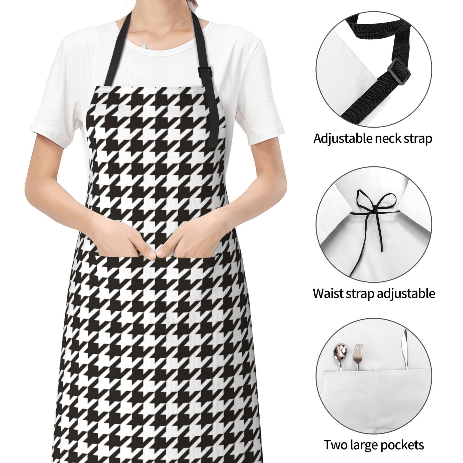 Kdxio Houndstooth Black And White Apron with Pockets Adjustable Kitchen Aprons for Men Women Waterproof Aprons for Cooking,Drawing,Crafting, Baking Household Cleaning