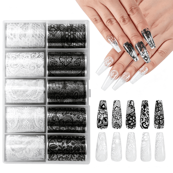 GEWIKK Lace Nail Foil Sheets, Black and White Flower, 10 Rolls | Nail Transfer Foil, Manicure Diy, Nails Decoration Shimmering Nail Foil
