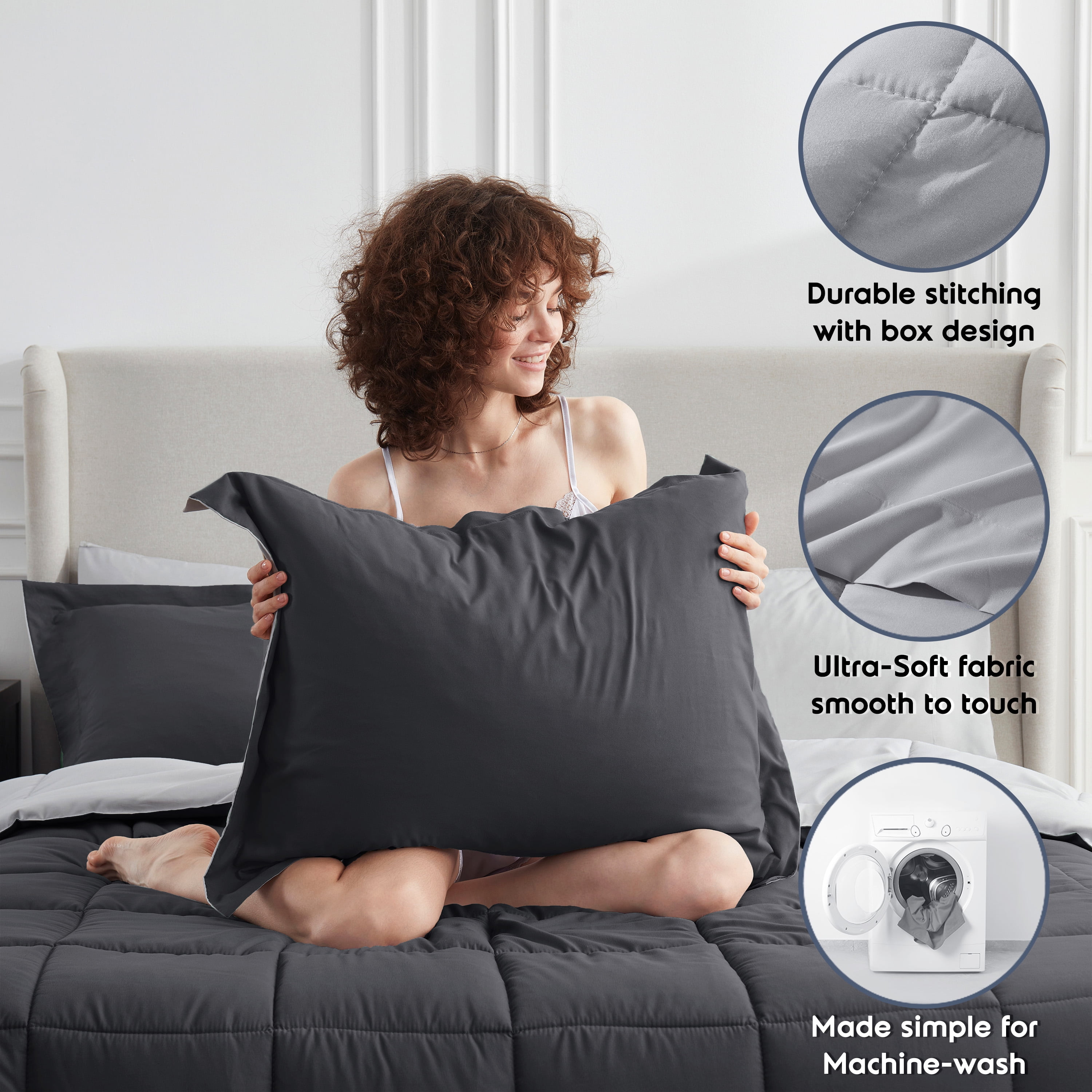 LammaLoe Full-Size Comforter Set, With Sheets, Reversible Bed In A Bag 7 Piece, Bedding Set, Dark Grey