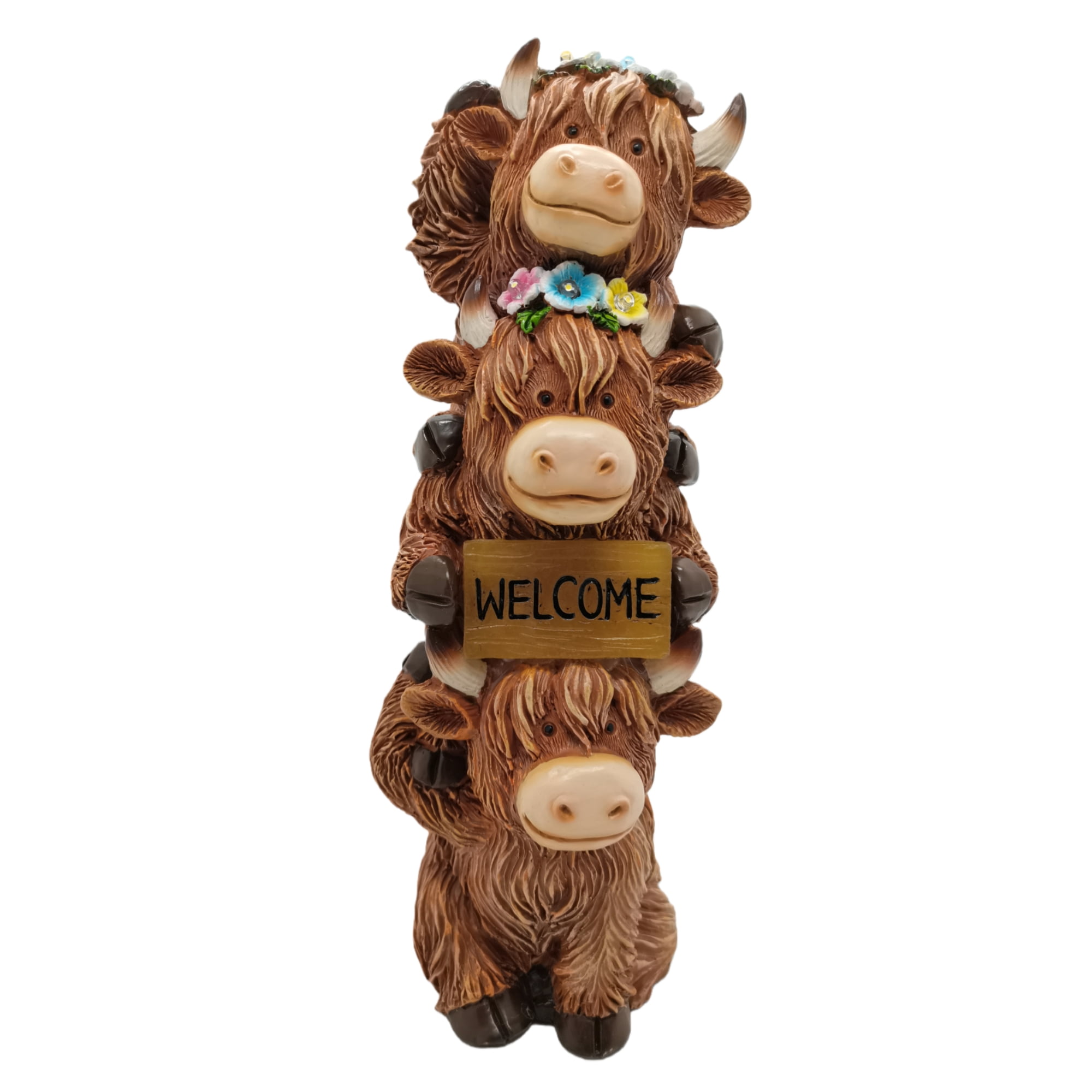 Highland Cow Statue Garden Decor with Glowing Flowers and Welcome Sign Lights, Resin High Mountain Cattle Solar Sculptures for Patio Yard Porch Outdoor Decoration