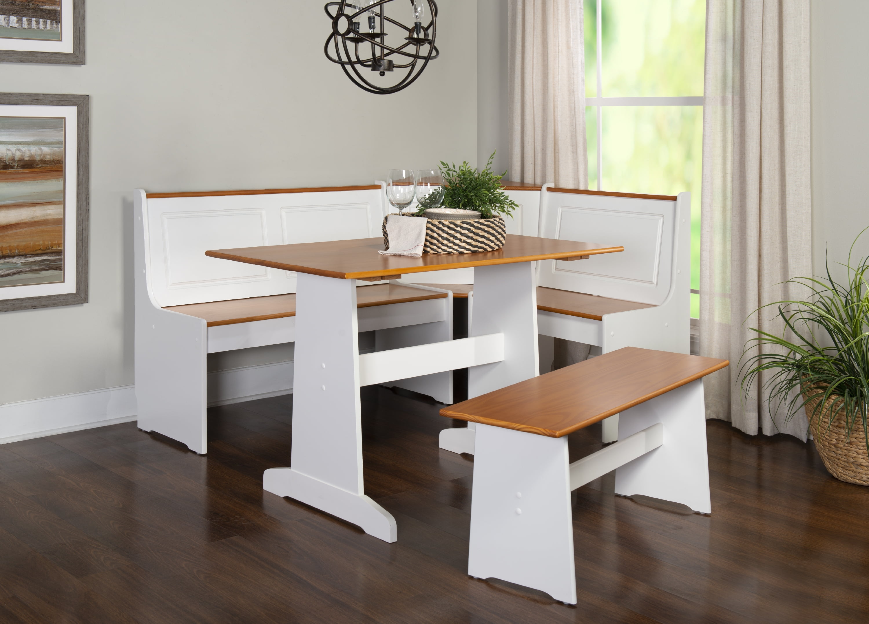 Linon Ardmore Wood Corner Dining Breakfast Nook with Table and Storage,  Seats 5-6, White and Natural Finish 
