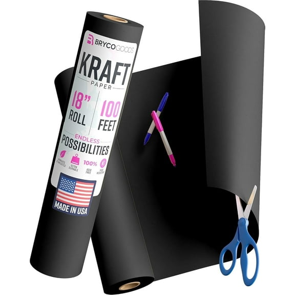 Bryco Goods Black Kraft Paper Roll - 18 Inch x 100 Feet - USA Made - Wrapping Paper for Packaging, Shipping, Arts & Crafts, Bulletin Board, Decorations, Bouquet, Gift Wrap
