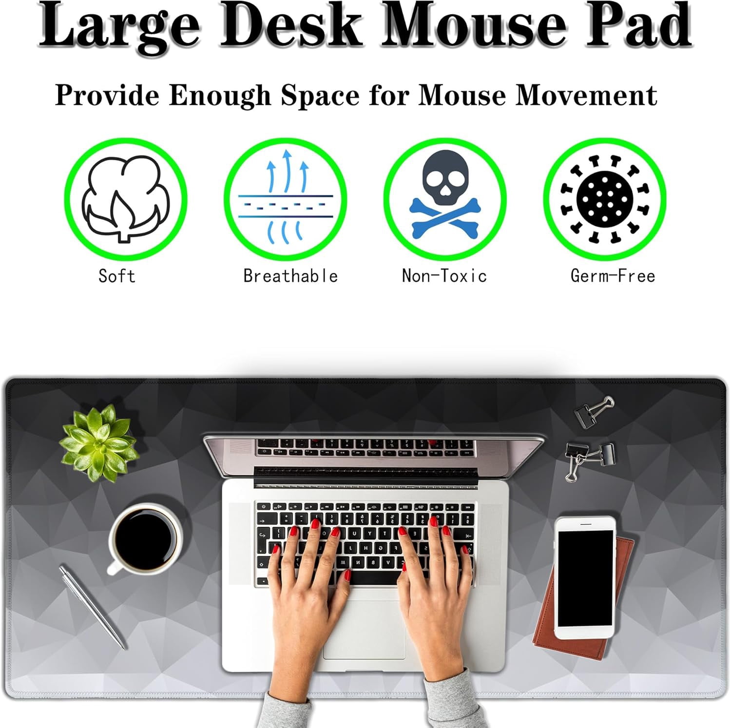 Computer Desk Mat XXL Mousepad Big Mouse Pad Gaming Desk Mats Office Pad Non-Slip Rubber Base Waterproof with Stitched Edges 35.4 X 15.7 for Game Office, White Grey Geometric