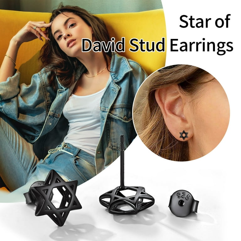ChicSilver 925 Sterling Silver Jewish Star of David Stud Earrings Fashion Jewelry for Women Men Black