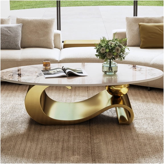 Gold White Oval Faux Marble Coffee Table, Modern Sculptural Base, Luxurious Living Room Center Table
