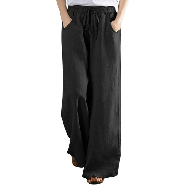 Gibobby pantalones senderismo mujer Pantalones casuales de lino para mujer Pantalones sólidos Pantalones casuales y de algodón Pantalones de algodón sueltos de lino simple (Negro, XL)