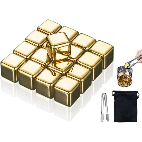 16 PCS Stainless Steel Whiskey Golden Ice Cubes,Gold Stainless Steel Whiskey Stones,Gold Stainless Steel Ice Cubes,for Whiskey,Wine Chiller,Beer,Vodka,Liqueurs,Drinks Cooler Set(Gold)