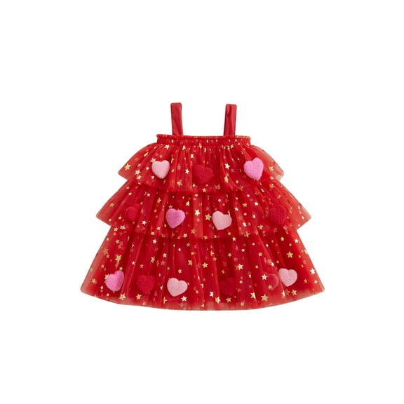 Toddler Baby Girl Valentines Outfits Sleeveless Valentines Dress Star 3D Heart Red Pink Dresses Kids Valentines Clothes