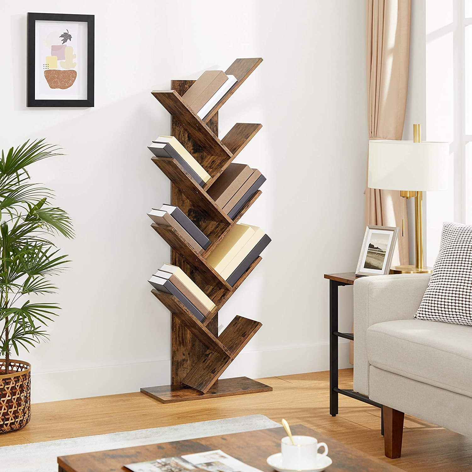Wooden Bookshelf Rack Free-Standing 10Tier Tree Bookcase Shelf Storage Organizer 