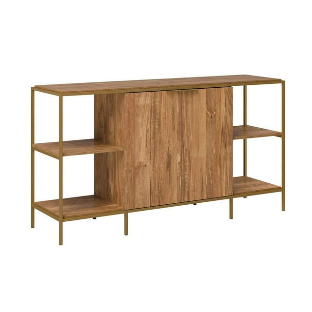 Sauder International Lux Credenza featuring a warm wood finish, two central doors, and open shelving supported by a gold-toned metal frame.