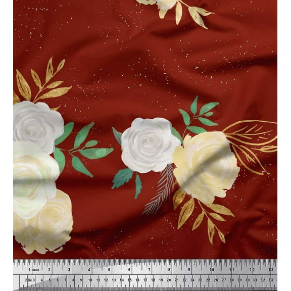 Soimoi Red Cotton Duck Fabric Leaves & Faith Rose Floral Decor Fabric Printed Yard 44 Inch Wide