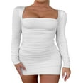 thumbnail image 3 of Women‘s Bodycon Mini Dress  Long Sleeve Strappy Backless Solid Color Ruched Club Dress White S, 3 of 8