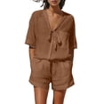 thumbnail image 2 of Costeam Womens Two Piece Outfit Tie Knot V Neck Short Sleeve Top and Elastic Drawstring Waist Shorts Set Linen Blend Matching Set with Pockets, 2 of 9