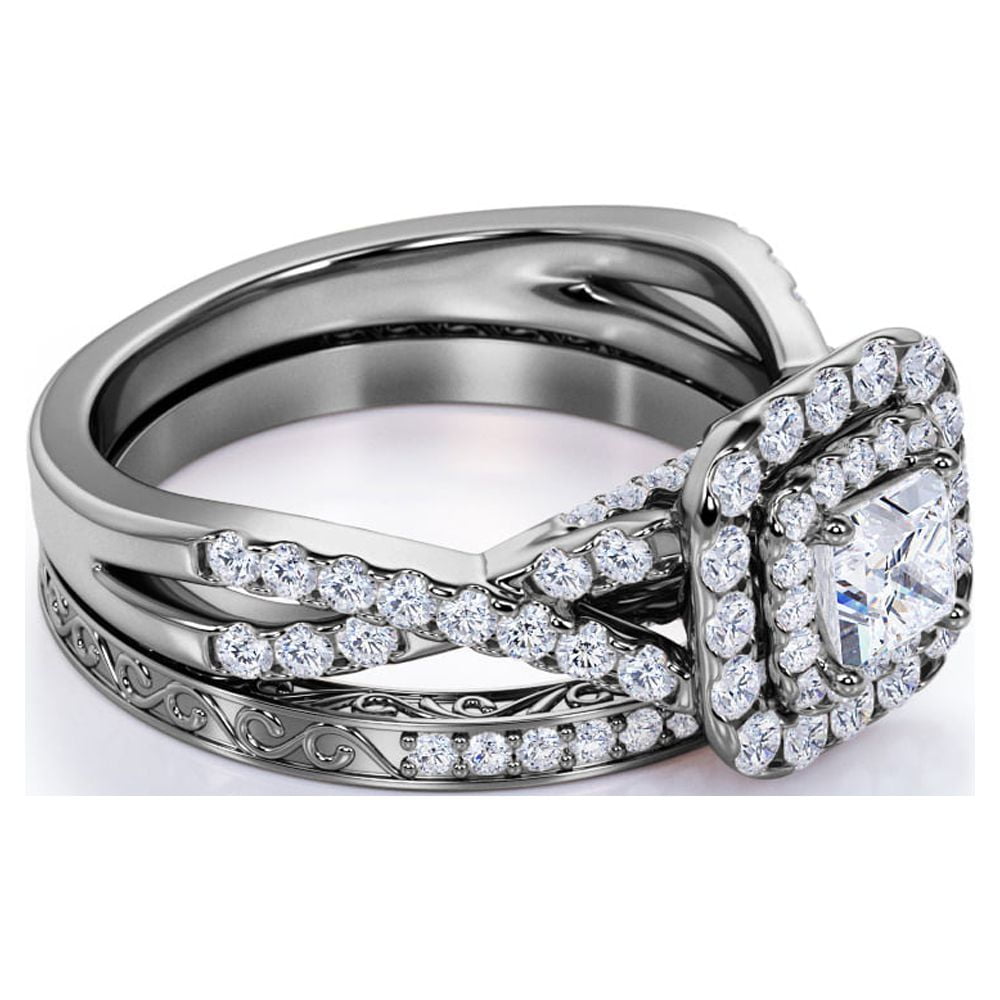 1.25 ct - Square Moissanite - Double Halo - Twisted Band - Vintage Inspired  - Pave - Wedding Ring Set in 18K White Gold over Silver