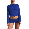 thumbnail image 3 of Diconna Ensemble de Vêtements pour Femmes Shorts Automne Couleur Unie Ajusté Col Rond Manches Longues Crop Tops Shorts 2 Pcs, 3 of 5