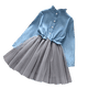 thumbnail image 1 of Vestido de malla de mezclilla para niñas bebés Vestido de fiesta de primavera y verano con cinturón Conjunto de ropa informal floral para niños Trajes de moda para niños pequeños 4T (Etiqueta 120) Gao Jinjia LED, 1 of 2