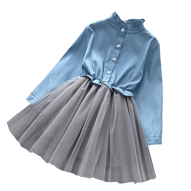 Vestido de malla de mezclilla para niñas bebés Vestido de fiesta de primavera y verano con cinturón Conjunto de ropa informal floral para niños Trajes de moda para niños pequeños 2T (Etiqueta 100) Gao Jinjia LED