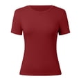 thumbnail image 4 of NINGMENG Womens Tops Solid Color Short Sleeve Crewneck Rib Knit Slim Fit Basic Summer Casual Trendy Tops Pullover T Shirts Holiday Wear,Red,M, 4 of 5