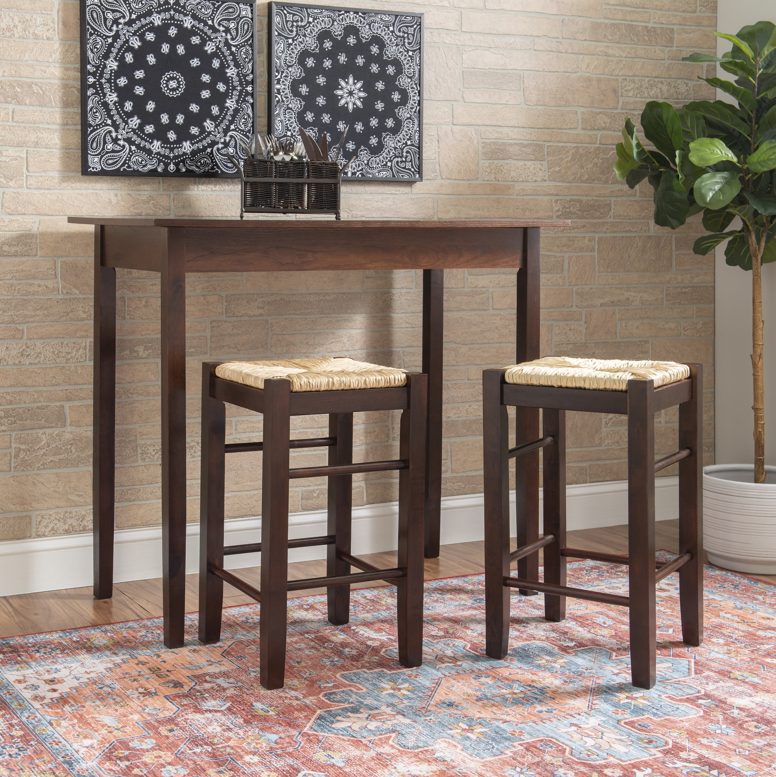 Linon Perkins 3-Piece Counter Height Dining Set with Seagrass Rush Seat, Espresso