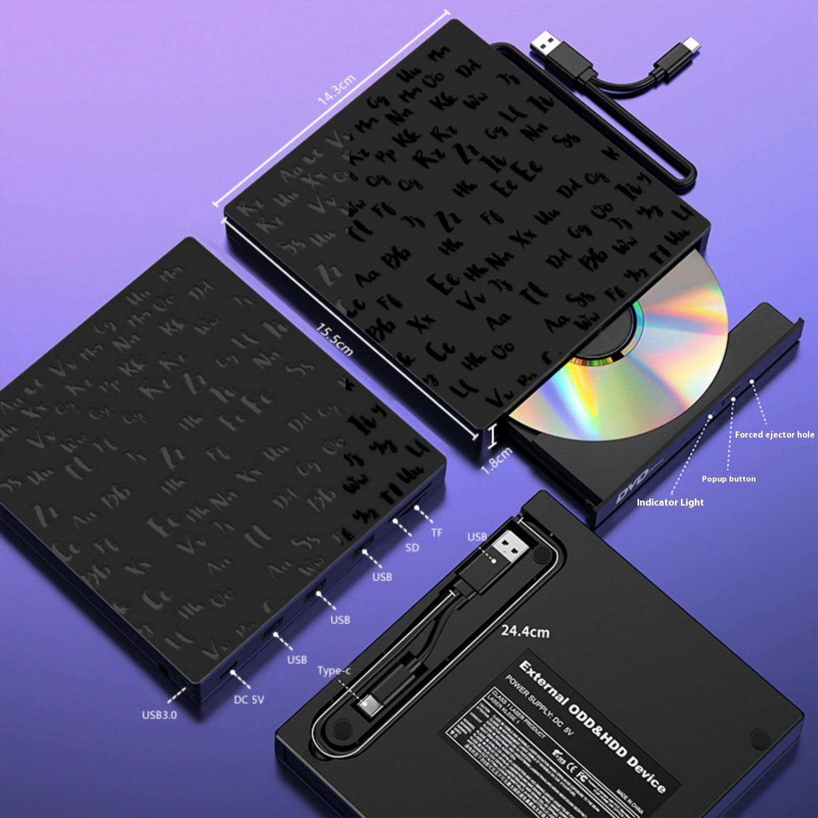 External Disc Drive With USB3.0 Type C Double Port Highly Speed Burning Brushed Texture For Computer Data Management
