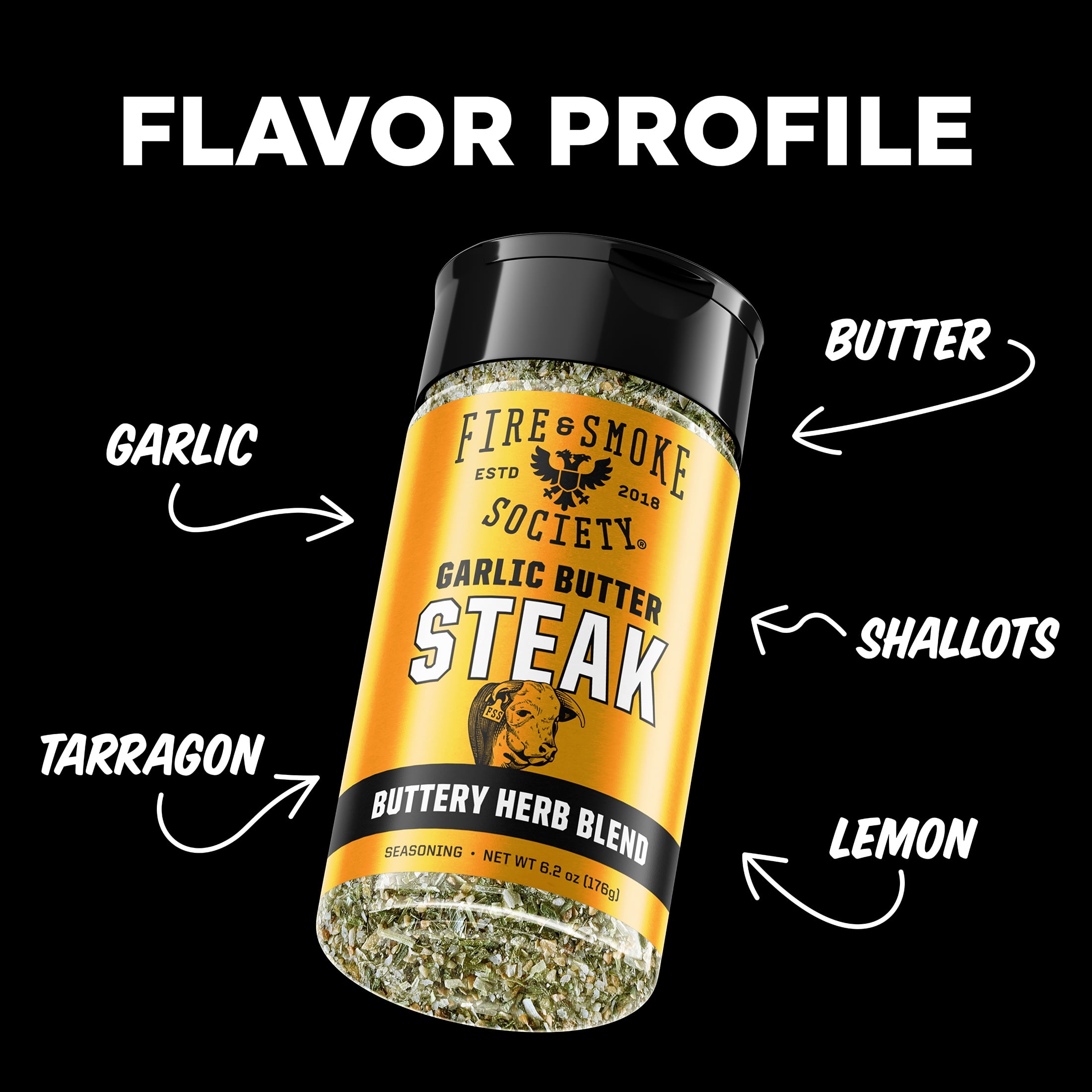(2 pack) Fire & Smoke Society Garlic Butter Steak Seasoning, 6.2 Ounce Steak Rub Seasoning Blend