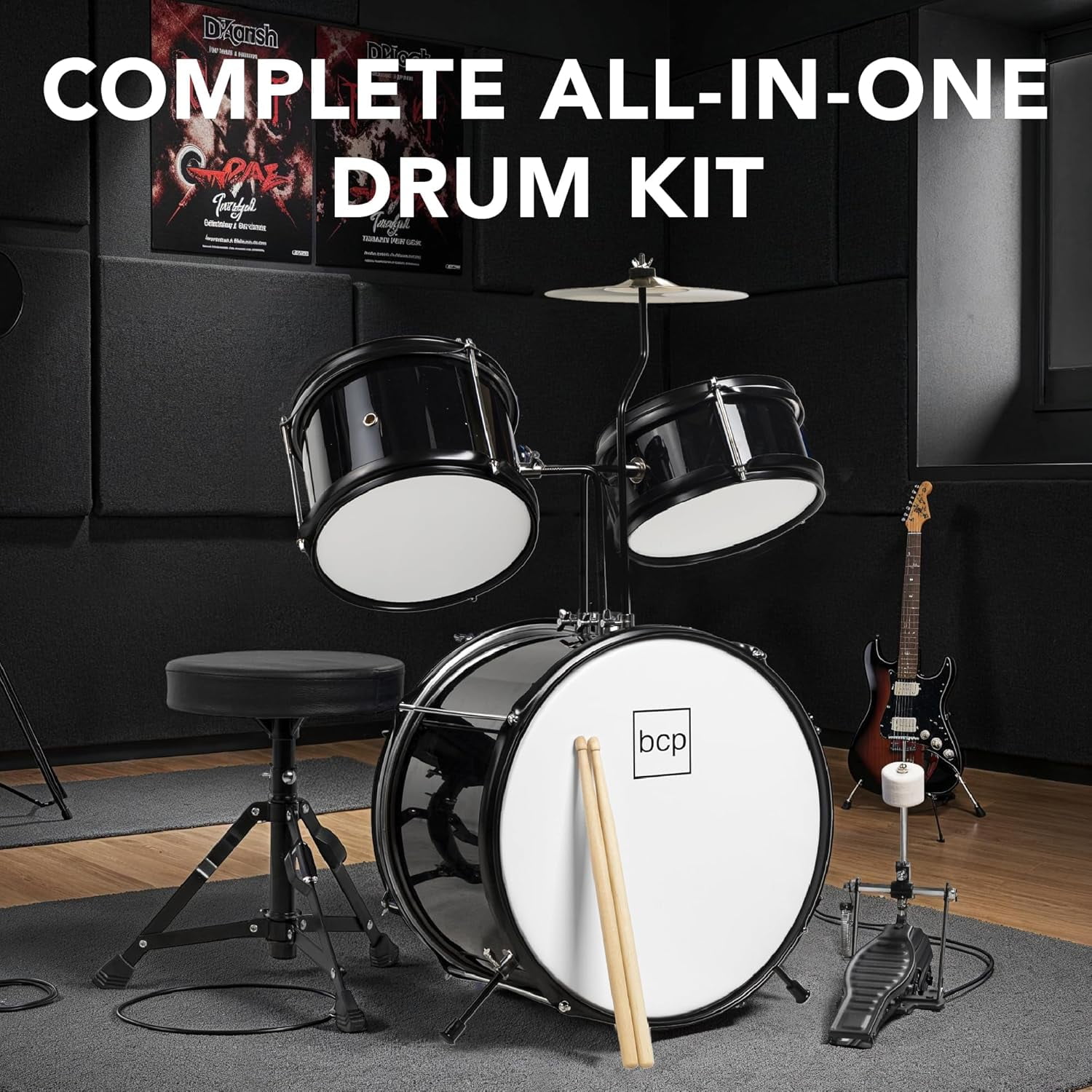 HarmonyStrings 3-Piece Beginner Drum Set for Kids Juniors, w/Throne Stool, Cymbal, Drum Sticks, Bass Drum Pedal, 2 Toms Black