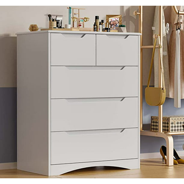 White Dresser, Lofka 5 Storage Drawer Chest and Organizer with Cutout ...
