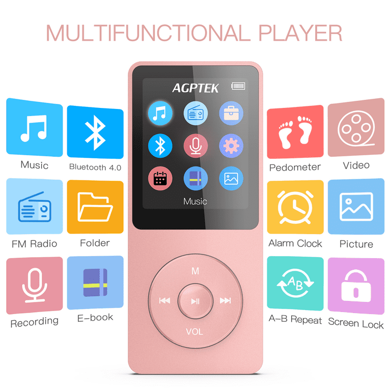 AGPTEK MP3 Player, Bluetooth Lossless Music Player with FM Radio, Voice  Recorder, 16GB Pink - Walmart.com