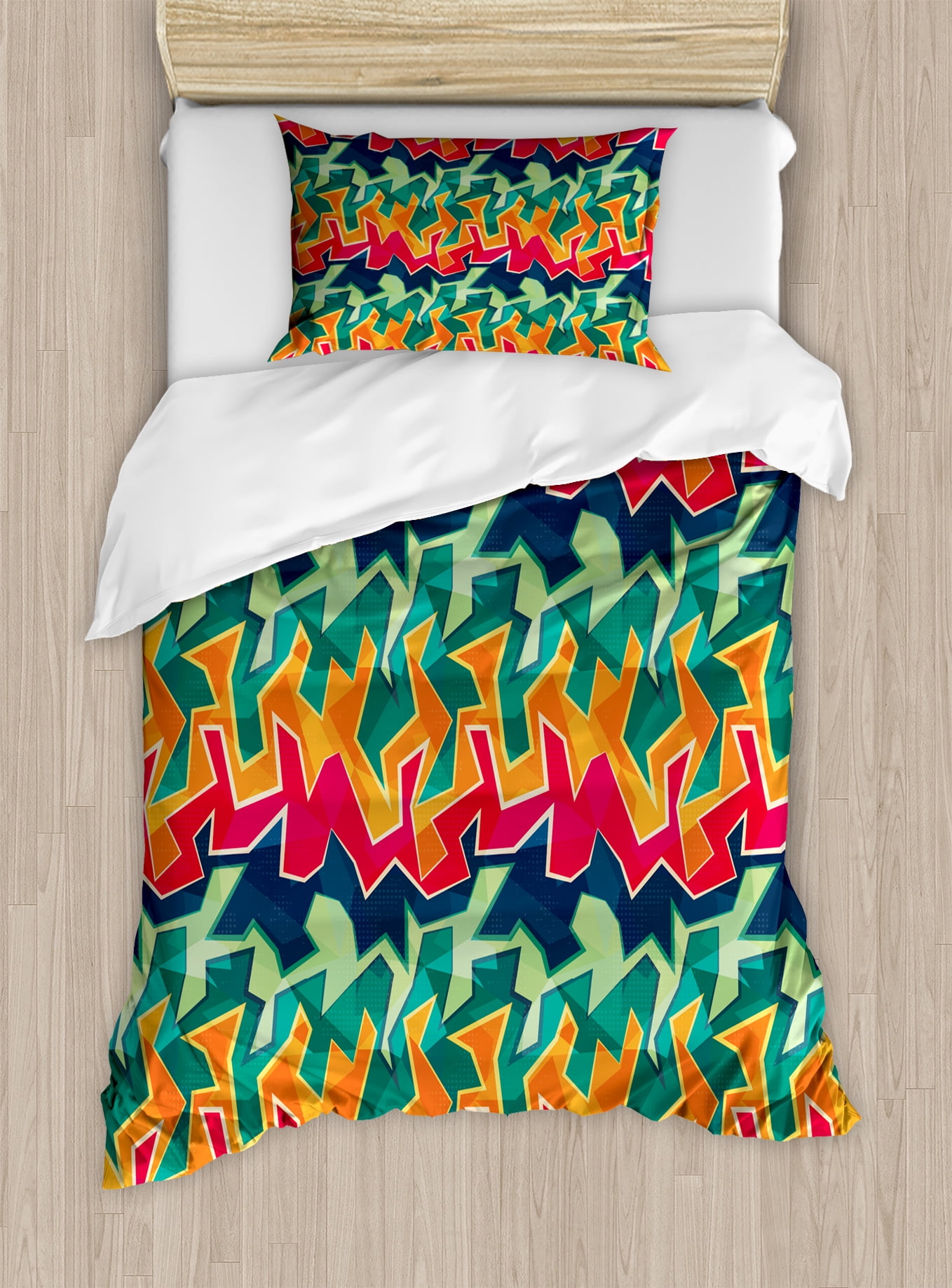 Grunge Duvet Cover Set Colorful Graffiti Inspired Pattern Cool Crazy Funky Display Urban City Street Art Decorative Bedding With Pillow Shams