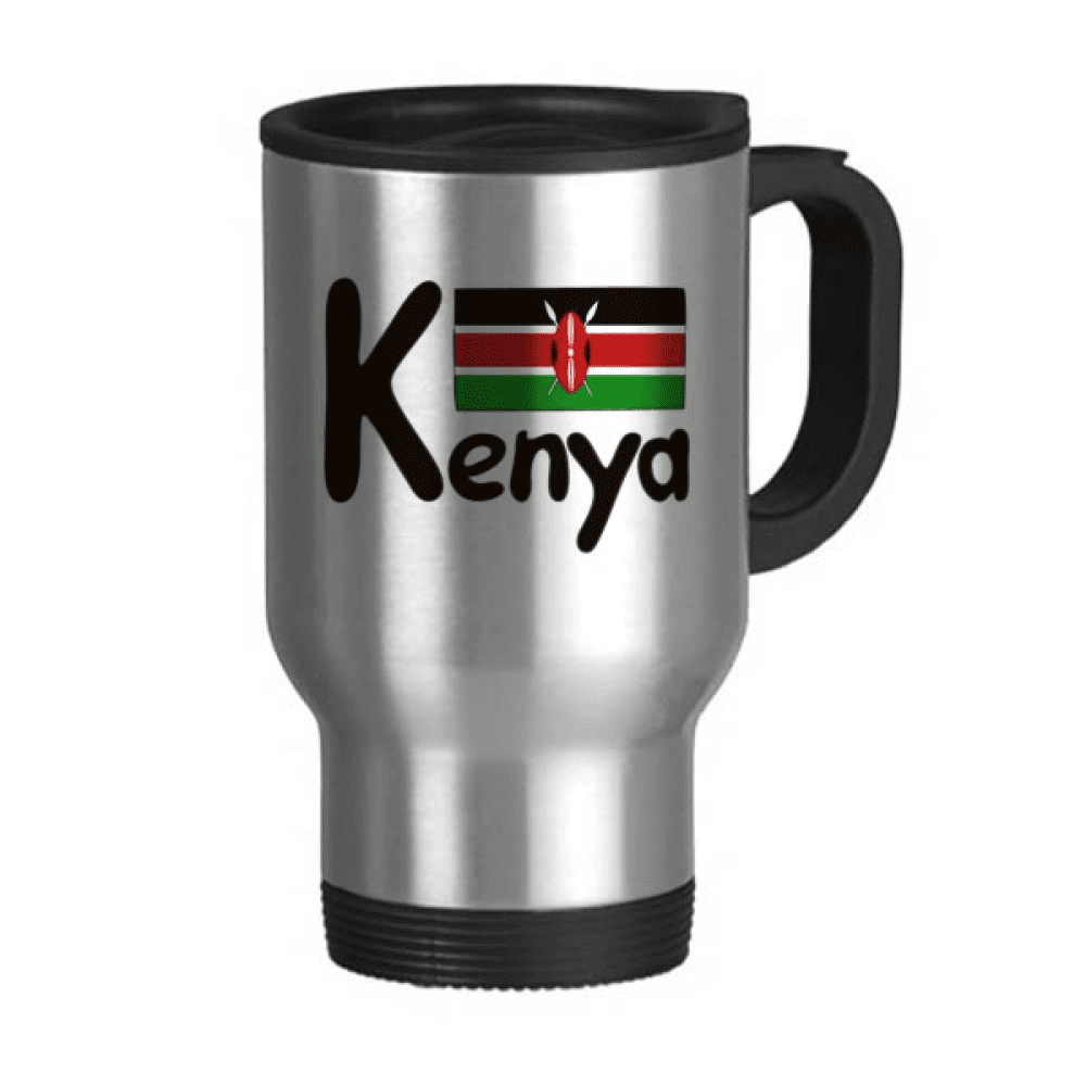 Kenya National Flag Black Pattern Travel Mug Flip Lid Stainless Steel Cup Car Tumbler Thermos