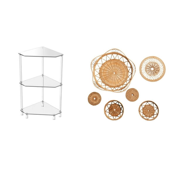 jicheng Modern Rattan Woven Corner Shelf Table for Small Spaces Easy Clean End Table with Wall Hanging Decorative Art for Kitchen Living Room Bedroom Hallway Porch Cafe