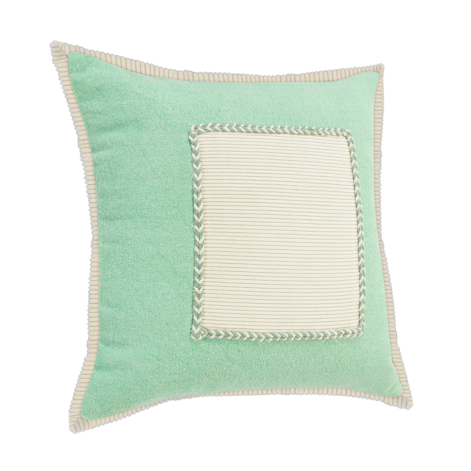 Laddha Home Designs Handwoven Geometric Flanged Throw Pillow Cover - 20" - Green and Cream
