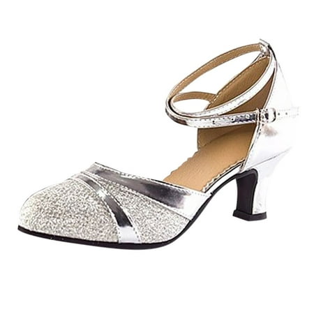 

nsendm Female Shoes Adult Summer Wedge Women Latin Dancing Shoes Sequins Shoes Social Dance Shoe Lace up Wedge Heel Silver 7.5