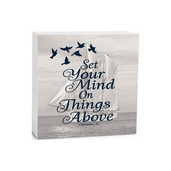 Set Mind Things Above Misty Grey Ship 5 x 5 Wood Tabletop Sign Plaque
