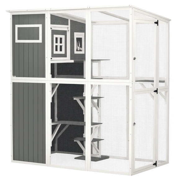 Dark Grey Outdoor Cat Enclosure - 66.5" Walk-in Catio with PVC Roof, Platforms & Condo for 2 Cats - Secure Patio & Yard Shelter