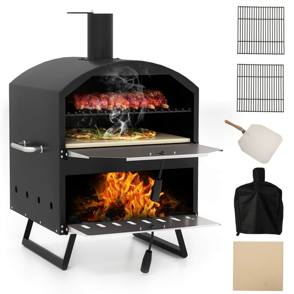 Costway 16" Outdoor Pizza Oven with Stone Peel & Grill Racks Folding Legs and Cover