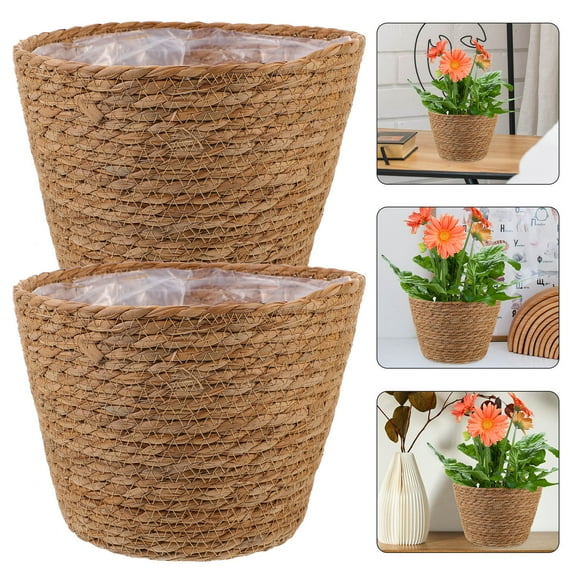 GAXIRE 2-Pack Woven Plant Basket Light Brown Straw Planter Baskets Decorative Indoor Outdoor