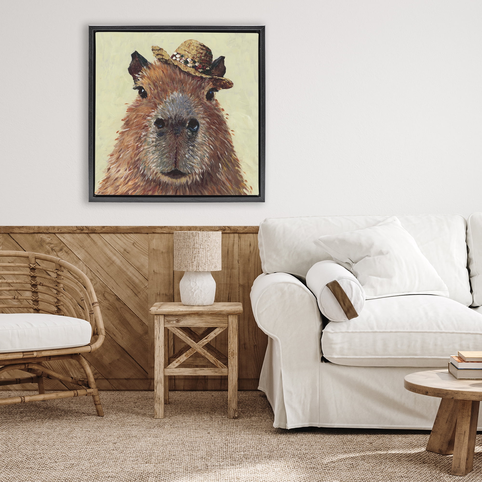 Stupell Industries Capybara with Straw Hat Black Framed Floater Canvas Wall Art, design by Studio Bautista