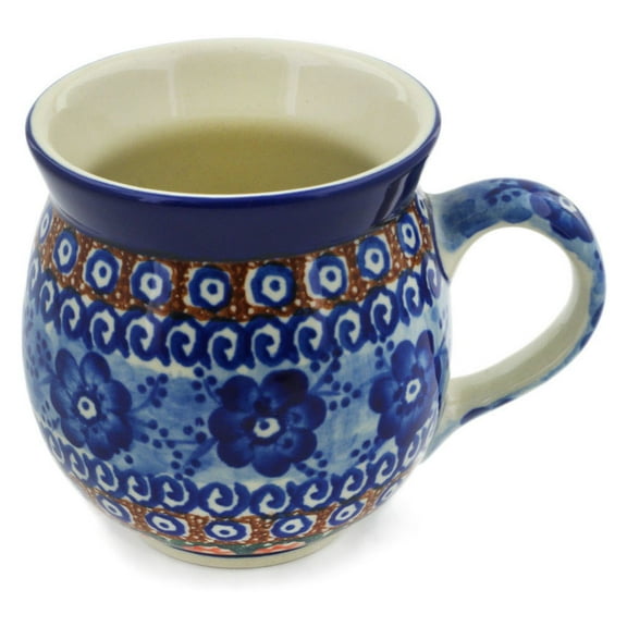 Polish Pottery Bubble Mug 12oz Polmedia Dancing Blue Poppies Theme UNIKAT Hand Painted in Boleslawiec, Poland   Certificate of Authenticity
