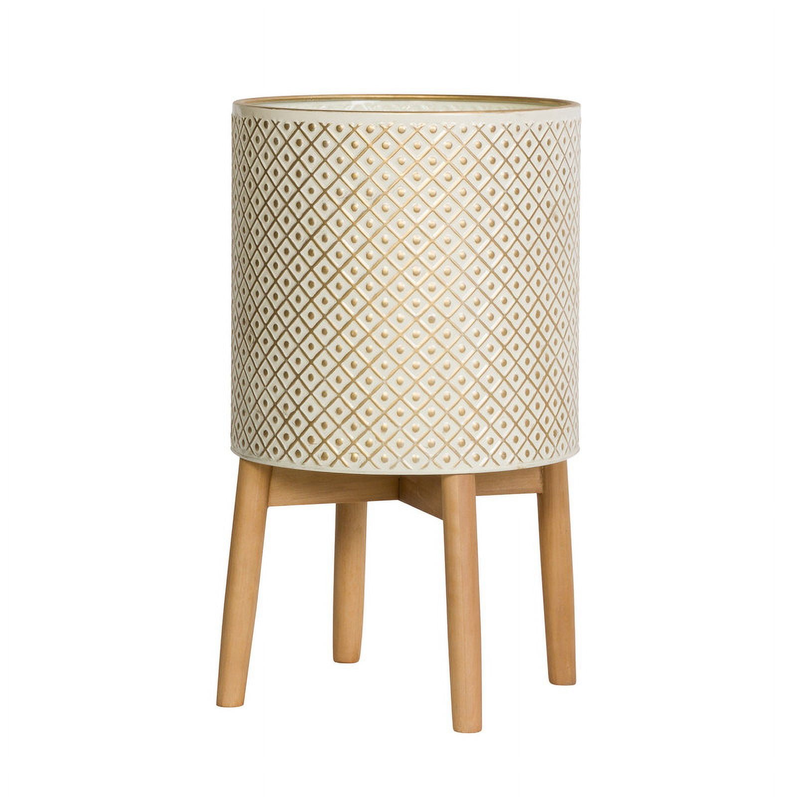 Fluted Metal Planter Pot With 4-Leg Wood Base - White & Gold - 21.5"H x 12"W