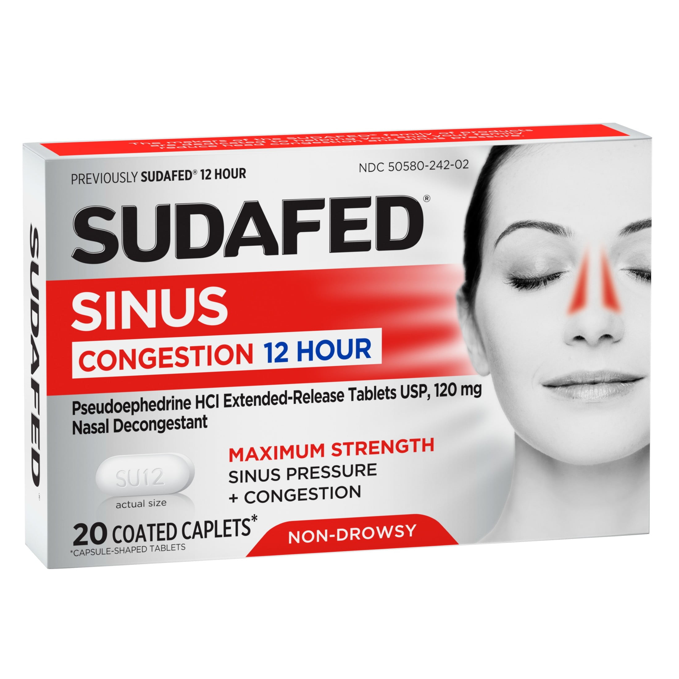 Sudafed Maximum Strength 12 Hr Sinus Decongestant, Non-Drowsy, 20 ct