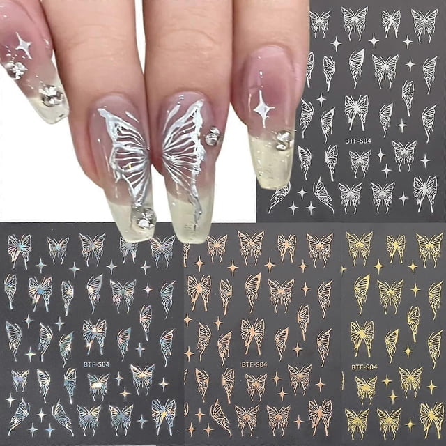 3D Holographic Butterfly Nail Art Sticker 4 Sheets Laser Shiny Butterflies Nail Charms Spring Nail Art Decoration Gold Bronzing Star Self Adhesive Nai