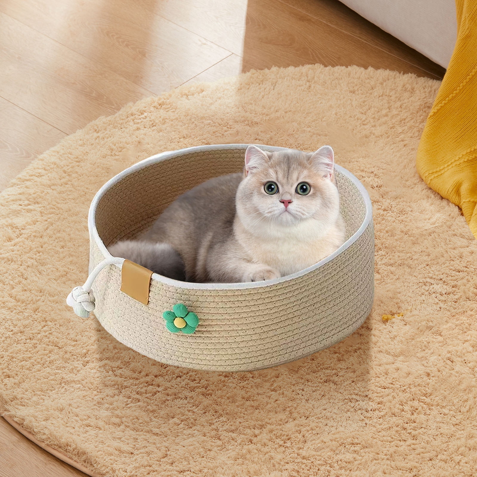 Round Cotton Rope Cat Bed, Woven Scratching Basket for Sleeping 1 Piece, Durable Pet Nest for Medium Cats, Stylish Indoor Kitten House for Living Room 13.8 Inch