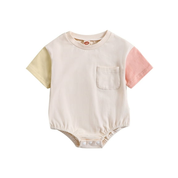 Kids Sport Jumpsuit 𝐈𝐧fant Boys Girls Outfit Short Sleeve Patchwork Colour Romper 𝐍ewborn Romper with Pocket