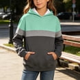 thumbnail image 4 of Girls Color Block Hooded Sweatshirt, Long Sleeve Pullover Hoodie with Front Kangaroo Pocket, Kids Loose Casual Striped Patchwork Tops for Spring Fall Mint Green 9-10 Years, 4 of 6