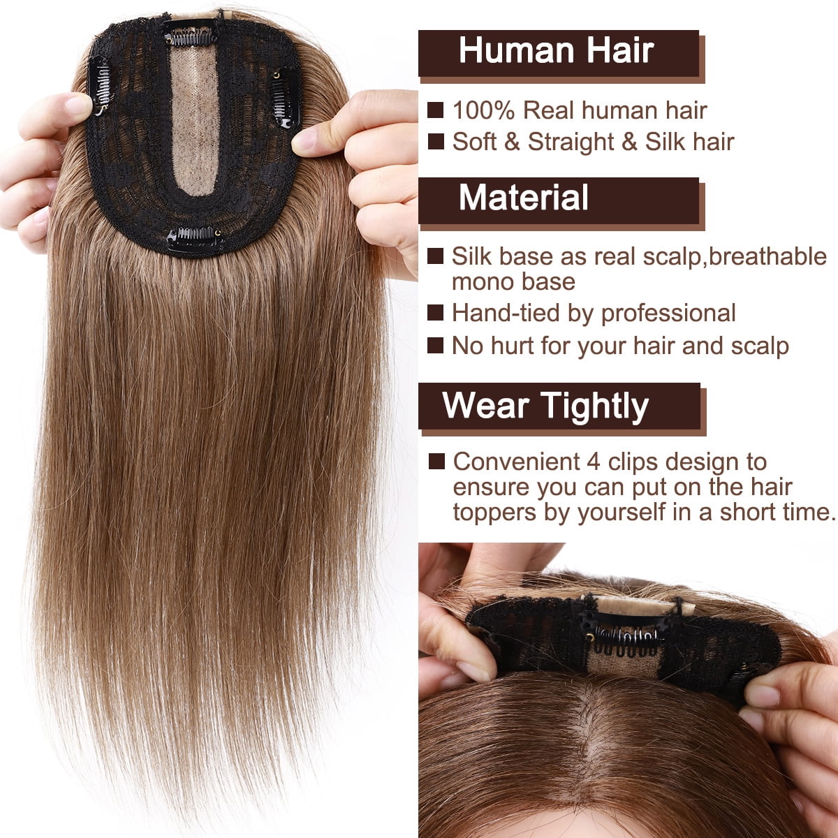 SEGO Clip in Hair Extensions Human Hair Toppers 100% Real Human Hair Topper for Thinning/Loss Hair Natural Black Hair Pieces
