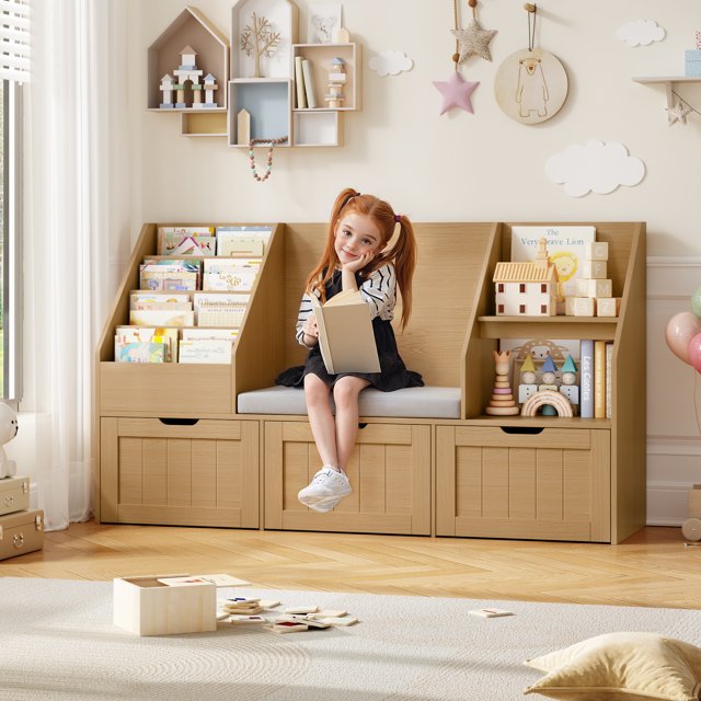 Homfa Kids Bookshelf with Reading Nook & 3 Movable Drawers, 2 Cube Bookcase with 4-Tier Book Racks, Toy Storage Organizer for Playroom Bedroom, Natural Color