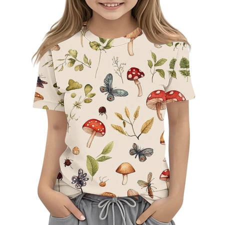 Spazoro Toddler Girls T-shirts Casual Summer Crewneck Printed Short Sleeve Tops Tee Khaki Size 5 T